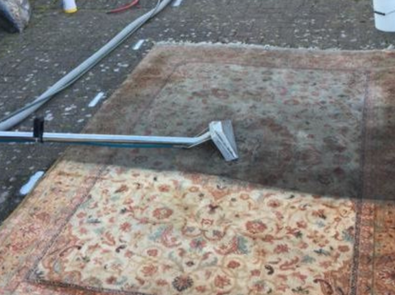 This is a photo of a floral rug that is being steam cleaned. The bottom half has been completed and the top half is being done works carried out by Haggerston Carpet Cleaning
